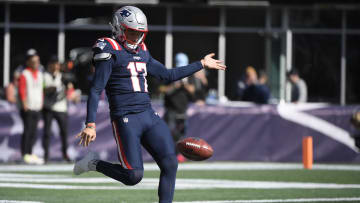 Oct 8, 2023; Foxborough, Massachusetts, USA;  New England Patriots punter Bryce Baringer (17) punts the ball during warmups prior to a game against the New Orleans Saints at Gillette Stadium. Mandatory Credit: Bob DeChiara-USA TODAY Sports