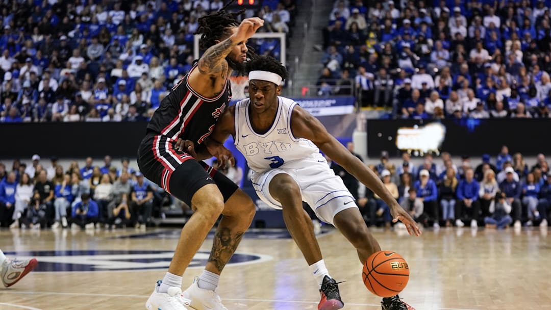 Feb 7, 2026; Provo, Utah, USA; BYU Cougars forward AJ Dybantsa (3) drives during the first half against the Houston Cougars at Marriott Center. Mandatory Credit: Aaron Baker-Imagn Images