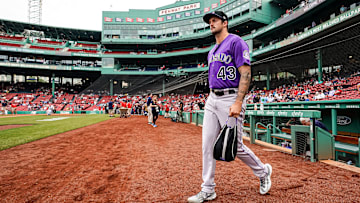 Jun 12, 2023; Boston, Massachusetts, USA; Colorado Rockies starting pitcher Connor Seabold (43) walks onto the field before the start of the game against the Boston Red Sox at Fenway Park. Mandatory Credit: David Butler II-Imagn Images