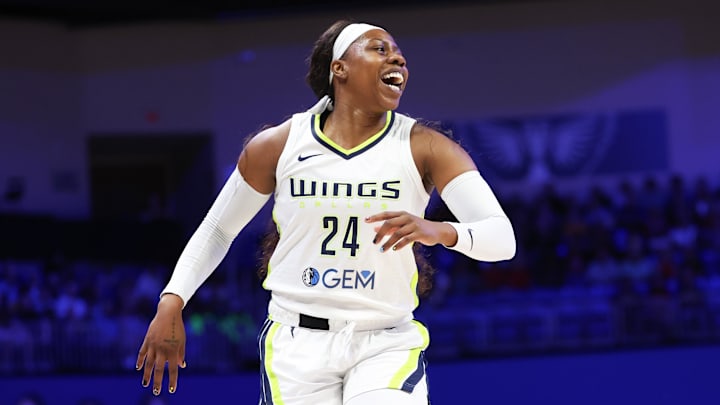 Jul 17, 2024; Arlington, Texas, USA; Dallas Wings guard Arike Ogunbowale (24) reacts during the game against the Indiana Fever at College Park Center. Mandatory Credit: Kevin Jairaj-Imagn Images