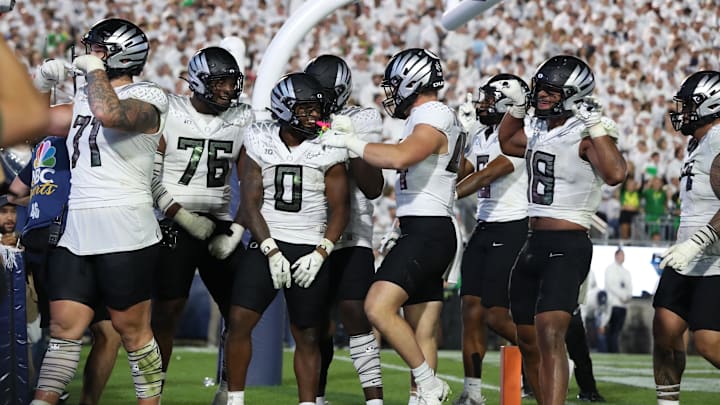 Oregon running back Jordon Davison (0) reacts after scoring a touchdown against Penn State.