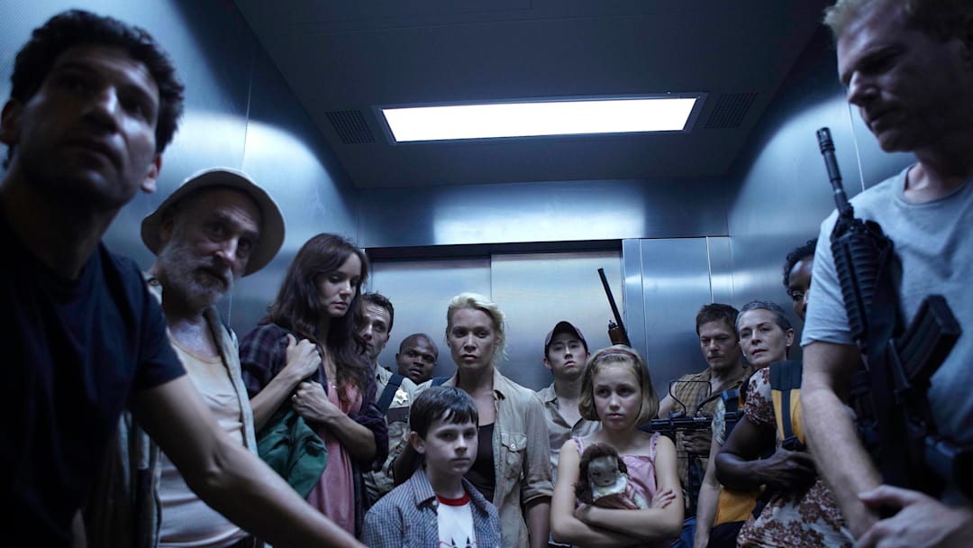 (L-R) Shane Walsh (Jon Bernthal), Dale (Jeffrey DeMunn), Lori Grimes (Sarah Wayne Callies), Rick Grimes (Andrew Lincoln), T-Dog (Robert 'IronE' Singleton), Carl Grimes (Chandler Riggs), Andrea (Laurie Holden), Glenn (Steven Yeun), Sophia (Madison Lintz), Daryl Dixon (Norman Reedus), Carol (Melissa Suzanne McBride), Jacqui (Jeryl Prescott) and Dr. Edwin Jenner (Noah Emmerich) in The Walking Dead season 1