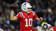 Dec 1, 2025; Foxborough, Massachusetts, USA; New England Patriots quarterback Drake Maye (10) passes the ball during the fourth quarter against the New York Giants at Gillette Stadium. Mandatory Credit: David Butler II-Imagn Images