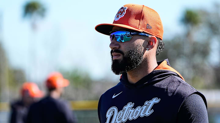 Detroit Tigers infielder Gleyber Torres warms up during spring training at TigerTown in Lakeland, Fla. on Monday, Feb. 17, 2025.