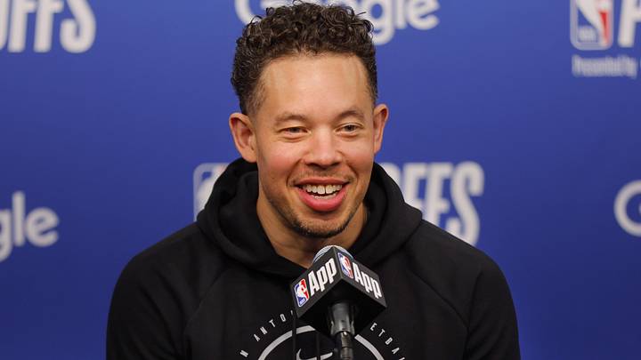 May 10, 2026; Minneapolis, Minnesota, USA; San Antonio Spurs head coach Mitch Johnson speaks to the media before game four of the second round of the 2026 NBA Playoffs against the Minnesota Timberwolves at Target Center. Mandatory Credit: Bruce Kluckhohn-Imagn Images