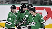 Oct 28, 2025; Dallas, Texas, USA; Dallas Stars defenseman Miro Heiskanen (4) and center Tyler Seguin (91) and right wing Mikko Rantanen (96) and center Wyatt Johnston (53) celebrates a power play goal scored by Seguin against the Washington Capitals during the second period at the American Airlines Center. Mandatory Credit: Jerome Miron-Imagn Images