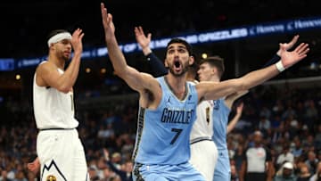 Nov 19, 2024; Memphis, Tennessee, USA; Memphis Grizzlies forward Santi Aldama (7) reacts during the second half against the Denver Nuggets at FedExForum. Mandatory Credit: Petre Thomas-Imagn Images