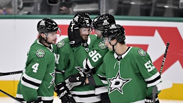 Oct 28, 2025; Dallas, Texas, USA; Dallas Stars defenseman Miro Heiskanen (4) and center Tyler Seguin (91) and right wing Mikko Rantanen (96) and center Wyatt Johnston (53) celebrates a power play goal scored by Seguin against the Washington Capitals during the second period at the American Airlines Center. Mandatory Credit: Jerome Miron-Imagn Images