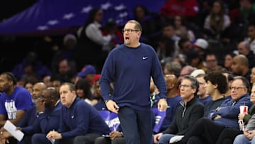 Feb 24, 2025; Philadelphia, Pennsylvania, USA; Philadelphia 76ers head coach Nick Nurse reacts during the third quarter against the Chicago Bulls at Wells Fargo Center. Mandatory Credit: Bill Streicher-Imagn Images