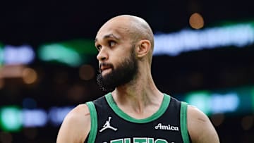 May 14, 2025; Boston, Massachusetts, USA; Boston Celtics guard Derrick White (9) in the first half during game five of the second round for the 2025 NBA Playoffs against the New York Knicks at TD Garden. Mandatory Credit: Bob DeChiara-Imagn Images