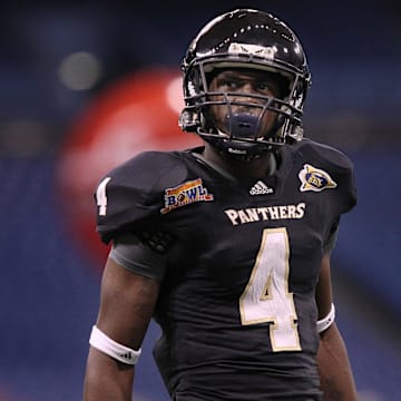 December 20, 2011; St. Petersburg, FL, USA; FIU Golden Panthers wide receiver T.Y. Hilton (4) reacts to the fans during the first quarter of the Beef 'O' Brady's St. Petersburg Bowl against the Marshall Thundering Herd at Tropicana Field. Mandatory Credit: Kim Klement-Imagn Images