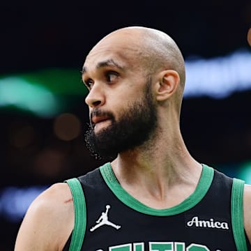 May 14, 2025; Boston, Massachusetts, USA; Boston Celtics guard Derrick White (9) in the first half during game five of the second round for the 2025 NBA Playoffs against the New York Knicks at TD Garden. Mandatory Credit: Bob DeChiara-Imagn Images