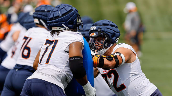 Jul 26, 2024; Englewood, CO, USA; Denver Broncos offensive tackle Demontrey Jacobs (71) and offensive tackle Garett Bolles (72) during training camp at Broncos Park Powered by CommonSpirit. Mandatory Credit: Isaiah J. Downing-USA TODAY Sports