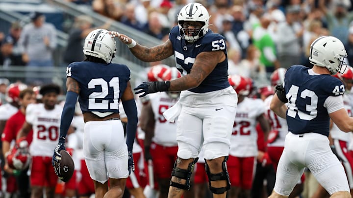 Penn State center Nick Dawkins celebrates after a turnover against Indiana in 2023. 