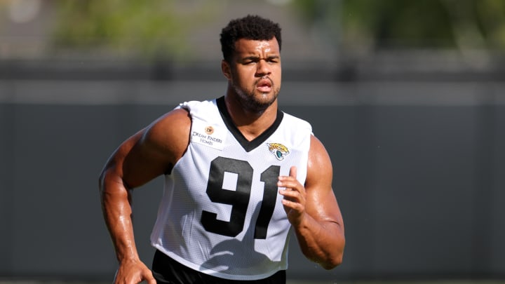 Jul 24, 2024; Jacksonville, FL, USA; Jacksonville Jaguars defensive end Arik Armstead (91) participates in training camp at Miller Electric Center. Mandatory Credit: Nathan Ray Seebeck-USA TODAY Sports