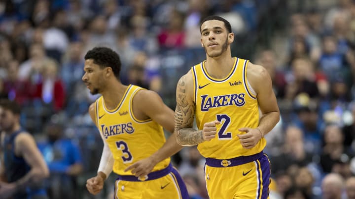 Jan 7, 2019; Dallas, TX, USA; Los Angeles Lakers guard Josh Hart (3) and guard Lonzo Ball (2) run back up court during the first quarter against the Dallas Mavericks at the American Airlines Center. Mandatory Credit: Jerome Miron-USA TODAY Sports