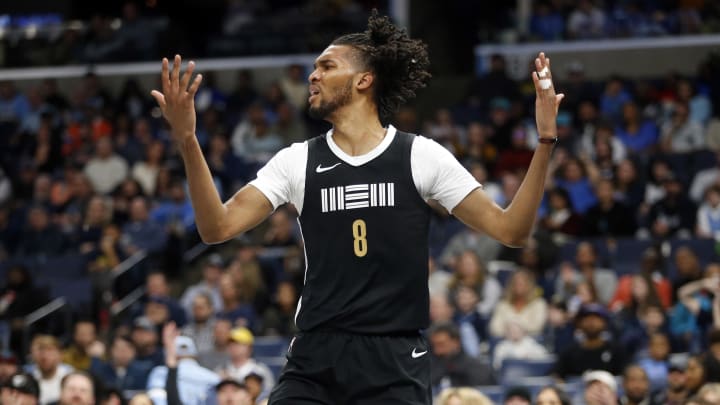 Feb 23, 2024; Memphis, Tennessee, USA; Memphis Grizzlies forward Ziaire Williams (8) reacts during the first half against the Los Angeles Clippers at FedExForum. Mandatory Credit: Petre Thomas-USA TODAY Sports