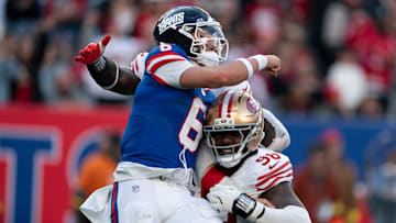 New York Giants quarterback Jaxson Dart (6) throws the ball away to avoid a sack during a week 9 game between New York Giants and San Francisco 49ers at MetLife Stadium on Sunday, Nov. 2, 2025.