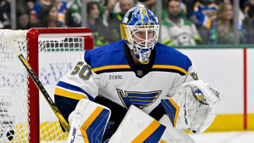 Apr 17, 2024; Dallas, Texas, USA; St. Louis Blues goaltender Jordan Binnington (50) faces the Dallas Stars attack during the second period at the American Airlines Center. Mandatory Credit: Jerome Miron-USA TODAY Sports