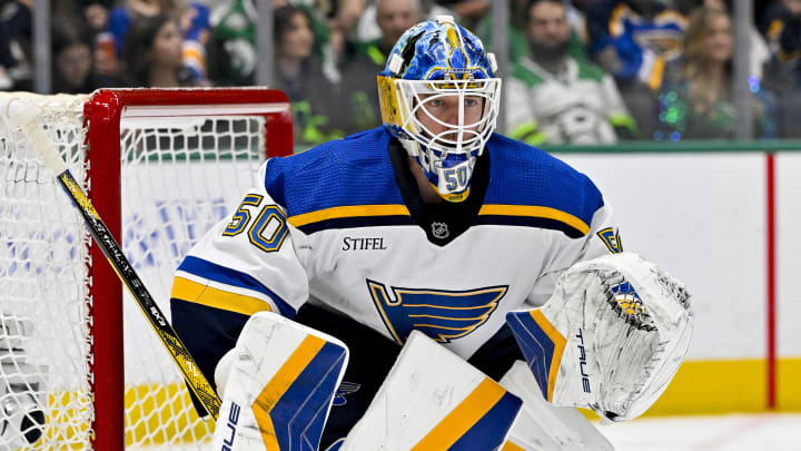 Apr 17, 2024; Dallas, Texas, USA; St. Louis Blues goaltender Jordan Binnington (50) faces the Dallas Stars attack during the second period at the American Airlines Center. Mandatory Credit: Jerome Miron-USA TODAY Sports