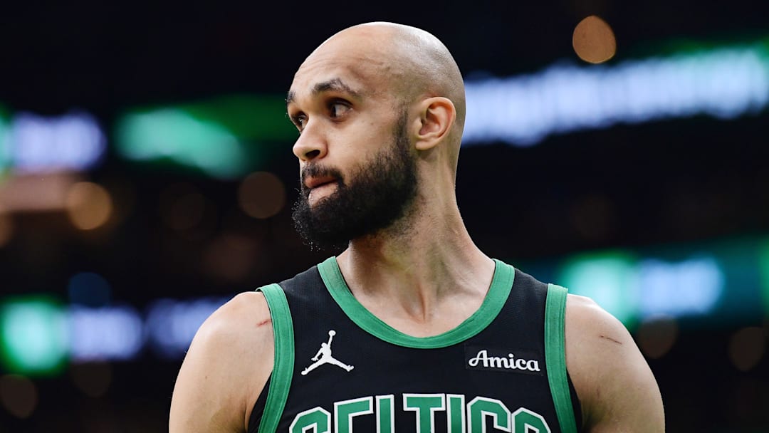 May 14, 2025; Boston, Massachusetts, USA; Boston Celtics guard Derrick White (9) in the first half during game five of the second round for the 2025 NBA Playoffs against the New York Knicks at TD Garden. Mandatory Credit: Bob DeChiara-Imagn Images