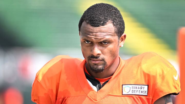 Aug 5, 2024; Cleveland Browns quarterback Deshaun Watson (4) during practice at the Browns training facility in Berea, Ohio. Mandatory Credit: Bob Donnan-USA TODAY Sports