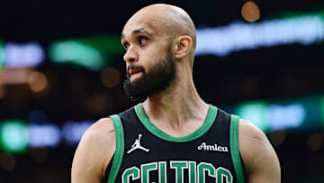 Boston Celtics guard Derrick White in the first half during the 2025 NBA Playoffs against the New York Knicks.
