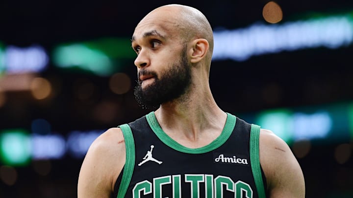 Boston Celtics guard Derrick White in the first half during the 2025 NBA Playoffs against the New York Knicks. Boston Celtics guard Derrick White in the first half during the 2025 NBA Playoffs against the New York Knicks.