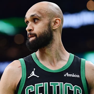 May 14, 2025; Boston, Massachusetts, USA; Boston Celtics guard Derrick White (9) in the first half during game five of the second round for the 2025 NBA Playoffs against the New York Knicks at TD Garden. Mandatory Credit: Bob DeChiara-Imagn Images