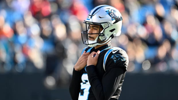 Carolina Panthers quarterback Bryce Young (9) on the field in the second quarter at Bank of America Stadium 