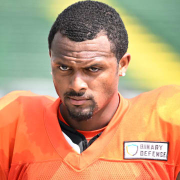 Aug 5, 2024; Cleveland Browns quarterback Deshaun Watson (4) during practice at the Browns training facility in Berea, Ohio. Mandatory Credit: Bob Donnan-USA TODAY Sports