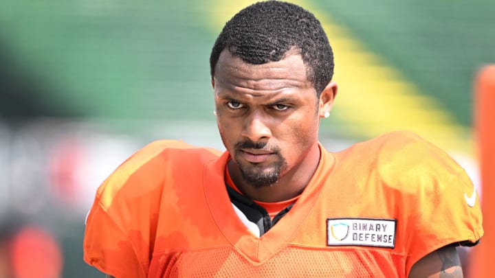 Aug 5, 2024; Cleveland Browns quarterback Deshaun Watson (4) during practice at the Browns training facility in Berea, Ohio. Mandatory Credit: Bob Donnan-USA TODAY Sports