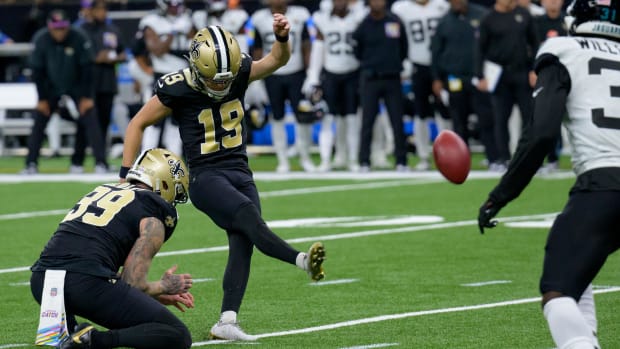 New Orleans Saints place kicker Blake Grupe (19) kicks a field goal against the Jacksonville Jaguars 