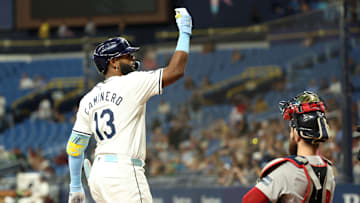 Sep 17, 2024; St. Petersburg, Florida, USA;  Tampa Bay Rays third baseman Junior Caminero (13) celebrates after hitting a home run against the Boston Red Sox  during the fourth inning at Tropicana Field. Mandatory Credit: Kim Klement Neitzel-Imagn Images