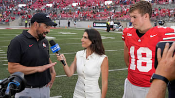 August 31, 2024; Columbus, Ohio, USA;
Ohio State Buckeyes head coach Ryan Day and Ohio State Buckeyes quarterback Will Howard (18) are interviewed following Saturday’s NCAA Division I football game against the Akron Zips at Ohio Stadium.