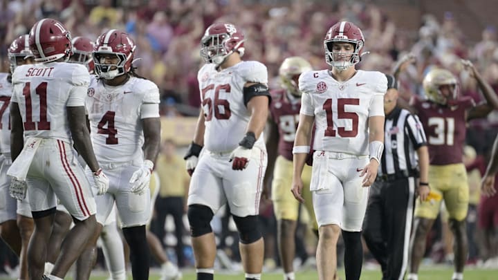 Alabama Crimson Tide quarterback Ty Simpson reacts after a play against the Florida State Seminoles during the second half Alabama Crimson Tide quarterback Ty Simpson reacts after a play against the Florida State Seminoles during the second half