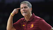 Jan 14, 2025; Los Angeles, California, USA; Southern California Trojans head coach Eric Musselman reacts in the first half against the Iowa Hawkeyes at Galen Center. Mandatory Credit: Kirby Lee-Imagn Images