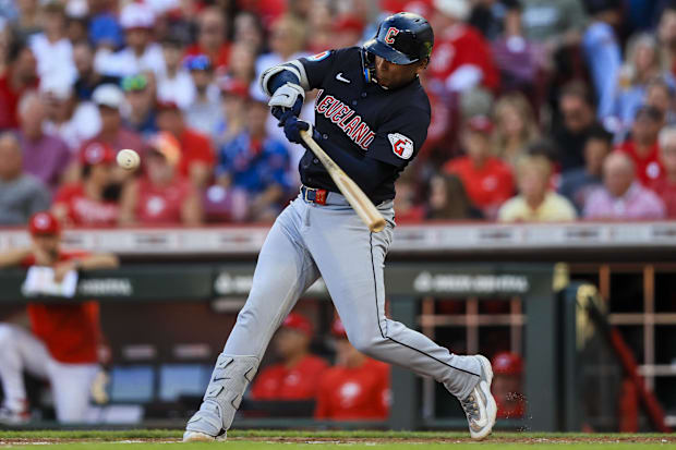Bo Naylor swings and hits a double 