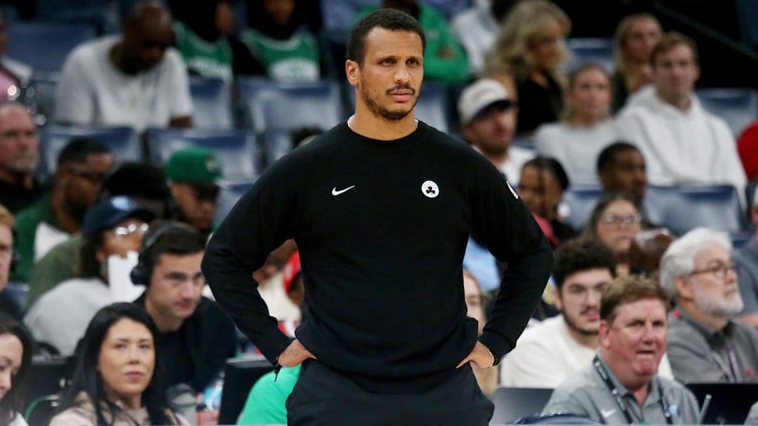 Oct 8, 2025; Memphis, Tennessee, USA; Boston Celtics head coach Joe Mazzulla looks on during the third quarter against the Memphis Grizzlies at FedExForum. Mandatory Credit: Petre Thomas-Imagn Images