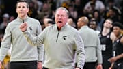 Mar 6, 2025; Iowa City, Iowa, USA; Michigan State Spartans head coach Tom Izzo reacts during the second half against the Iowa Hawkeyes at Carver-Hawkeye Arena. Mandatory Credit: Jeffrey Becker-Imagn Images
