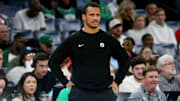 Oct 8, 2025; Memphis, Tennessee, USA; Boston Celtics head coach Joe Mazzulla looks on during the third quarter against the Memphis Grizzlies at FedExForum. Mandatory Credit: Petre Thomas-Imagn Images