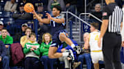 Dec 19, 2023; South Bend, Indiana, USA; Citadel Bulldogs guard AJ Smith (1) keeps the ball in bounds in the second half against the Notre Dame Fighting Irish at the Purcell Pavilion. Mandatory Credit: Matt Cashore-Imagn Images