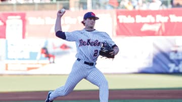 Ole Miss starting pitcher Riley Maddox (2) throws his opening pitch in the SEC game against Southern Miss. baseball at Trustmark Park in Pearl, Miss. on Tuesday, March 19, 2024.