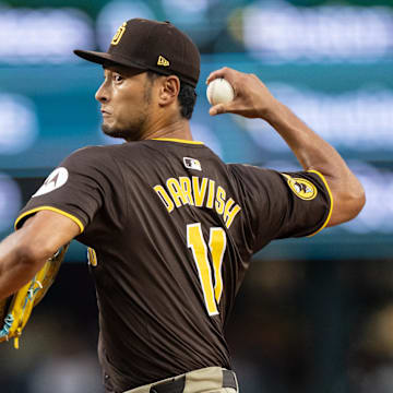 Sep 10, 2024; Seattle, Washington, USA; San Diego Padres Yu Darvish (11) double play during the second inning against the Seattle Mariners at T-Mobile Park. 