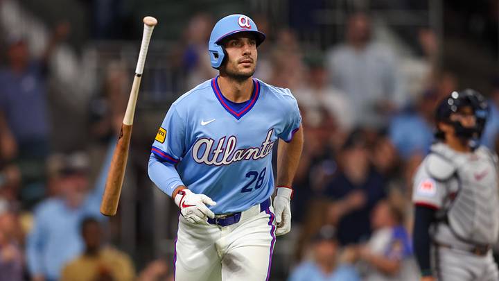 Apr 10, 2026; Atlanta, Georgia, USA; Atlanta Braves first baseman Matt Olson (28) hits a two-run home run against the Cleveland Guardians in the sixth inning at Truist Park. Mandatory Credit: Brett Davis-Imagn Images
