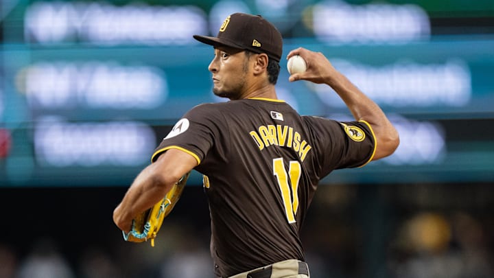 Sep 10, 2024; Seattle, Washington, USA; San Diego Padres Yu Darvish (11) double play during the second inning against the Seattle Mariners at T-Mobile Park. 