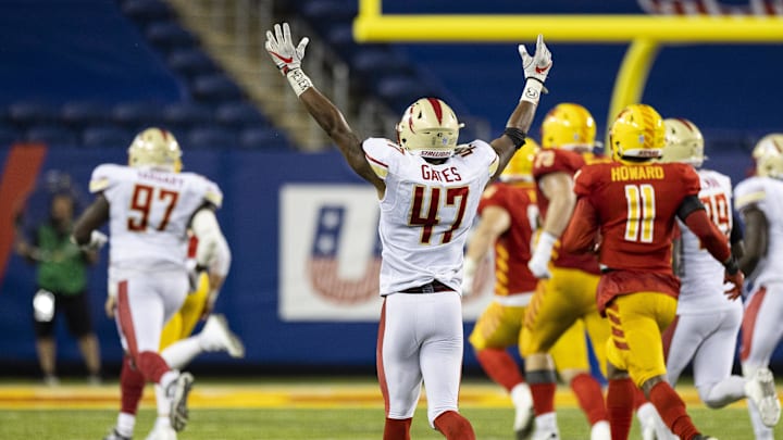 Jul 3, 2022; Canton, OH, USA; Birmingham Stallions outside linebacker DeMarquis Gates (47) celebrates an interception and touchdown against the Philadelphia Stars during the fourth quarter at Tom Benson Hall of Fame Stadium. Mandatory Credit: Scott Galvin-Imagn Images Jul 3, 2022; Canton, OH, USA; Birmingham Stallions outside linebacker DeMarquis Gates (47) celebrates an interception and touchdown against the Philadelphia Stars during the fourth quarter at Tom Benson Hall of Fame Stadium. Mandatory Credit: Scott Galvin-Imagn Images