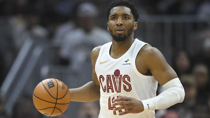 Apr 22, 2024; Cleveland, Ohio, USA; Cleveland Cavaliers guard Donovan Mitchell (45) brings the ball up court in the second quarter against the Orlando Magic during game two of the first round of the 2024 NBA playoffs at Rocket Mortgage FieldHouse. Mandatory Credit: David Richard-Imagn Images