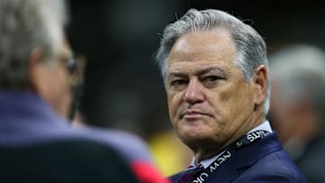 Nov 20, 2022; New Orleans, Louisiana, USA; New Orleans Saints general manager and executive vice president Mickey Loomis before the game against the Los Angeles Rams at the Caesars Superdome. Mandatory Credit: Chuck Cook-Imagn Images