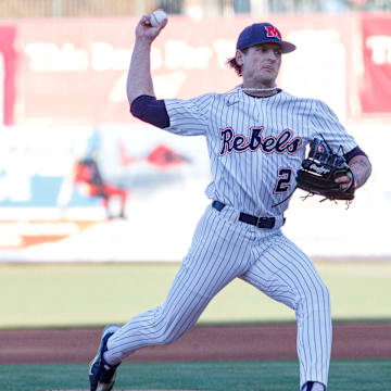Ole Miss starting pitcher Riley Maddox (2) throws his opening pitch in the SEC game against Southern Miss. baseball at Trustmark Park in Pearl, Miss. on Tuesday, March 19, 2024.